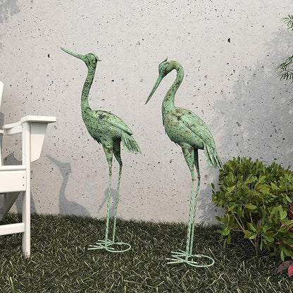 Deco 79 Metal Crane Decorative Garden Sculpture Indoor Outdoor Garden Statues with Coiled U Shaped Feet, Set of 2 Outdoor Sculptures 19"W, 47"H, Green