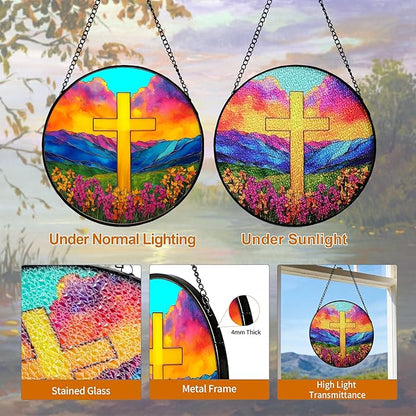 7.88'' Glass Window Hanging, Colorful Cross Sun Catchers Glass Panel for Window, Christian Evening Glow Suncatcher Decor with Hook Chain for Mother's Day Birthday for Women, Men, Wife, Aunt, and Mom