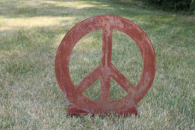 Peace and Heart Staked Signs or Wall Art Rustic or Powder Coated Finishes (Peace XL on Flat Base 24", Naturally Rusted)