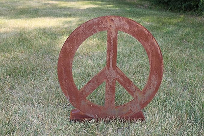 Peace and Heart Staked Signs or Wall Art Rustic or Powder Coated Finishes (Peace XL on Flat Base 24", Naturally Rusted)