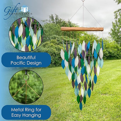 Blue Handworks Deluxe Pacific Waterfall Glass & Driftwood Chime, Sandblasted Glass and Found Wood Handcrafted Wind Chime