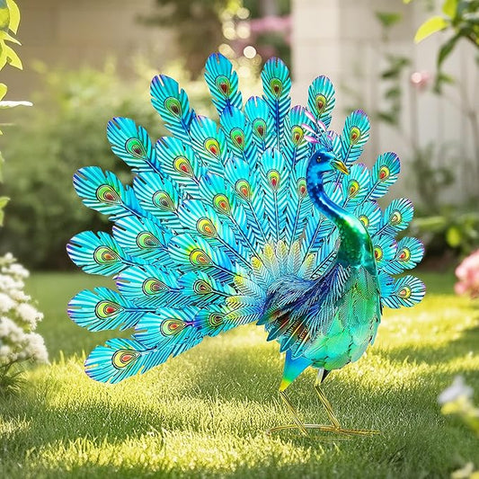 27.5" Metal Peacock Garden Statue with Tail Spread, Handmade 3D Textured Peacock Garden Sculptures Metal Yard Art for Patio, Garden or Entryway