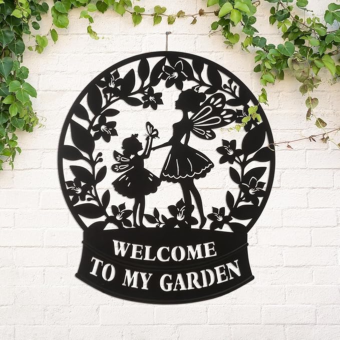 Glitzhome Flower Fairy Decorative Garden Stakes, 30" H Black Metal Silhouette with Welcome to My Garden Banner, Iron Garden Yard Art Decor for Lawn or Wall Decor
