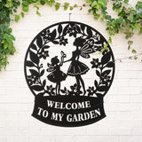 Glitzhome Flower Fairy Decorative Garden Stakes, 30" H Black Metal Silhouette with Welcome to My Garden Banner, Iron Garden Yard Art Decor for Lawn or Wall Decor