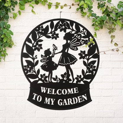 Glitzhome Flower Fairy Decorative Garden Stakes, 30" H Black Metal Silhouette with Welcome to My Garden Banner, Iron Garden Yard Art Decor for Lawn or Wall Decor