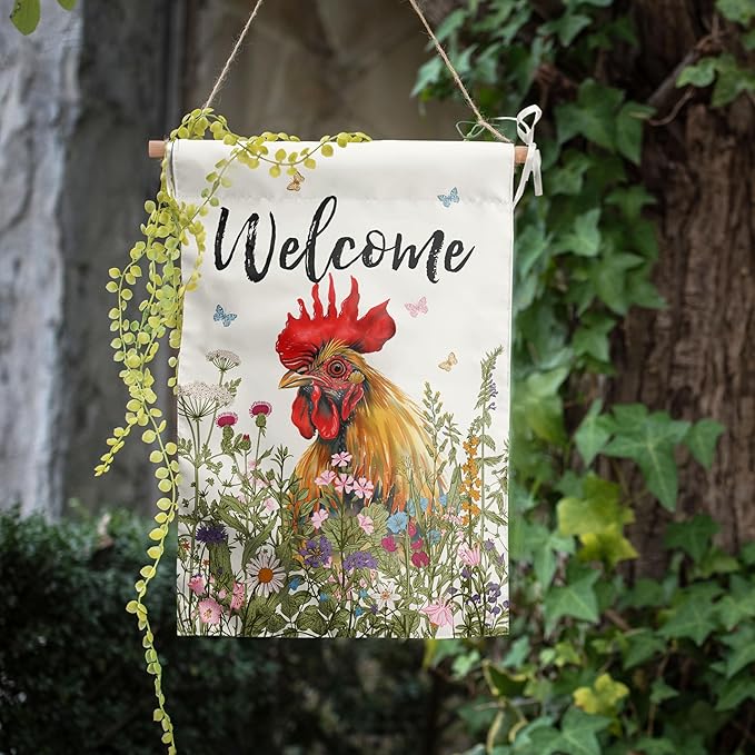Spring Summer Garden Flag Farmhouse Chicken Garden Flags for Outside Floral Rooster Yard Flag 12x18 Double Sided Small Outdoor Welcome Flags Farm Chicken Coop Decor