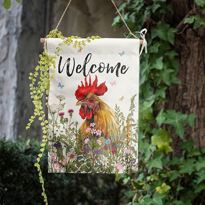 Spring Summer Garden Flag Farmhouse Chicken Garden Flags for Outside Floral Rooster Yard Flag 12x18 Double Sided Small Outdoor Welcome Flags Farm Chicken Coop Decor