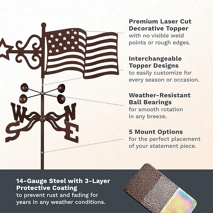 EZ Vane Steel USA Flag Weathervane 21” Height, Includes Metal Deck Mount, Wind Cups & Brackets | Hand-Crafted and Family-Owned, Made in The USA with Triple Powder Coating, Limited