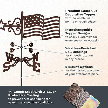 EZ Vane Steel USA Flag Weathervane 21” Height, Includes Metal Deck Mount, Wind Cups & Brackets | Hand-Crafted and Family-Owned, Made in The USA with Triple Powder Coating, Limited