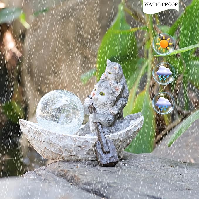 Rezpuao Garden Statue of Cat,Garden Decor Cat Figurine,Cats Outdoor Statue,Solar Decor for Patio,Balcony,Yard,Lawn Ornament