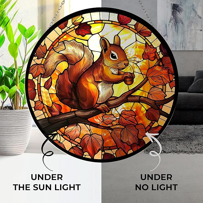 Squirrel Stained Glass Window Hanging 12” Round Handicraft Blue Flower Glass Window Panel Farmhouse Style Window Suncatcher Perfect Window Hangings Housewarming Gift (with Chain Hook)