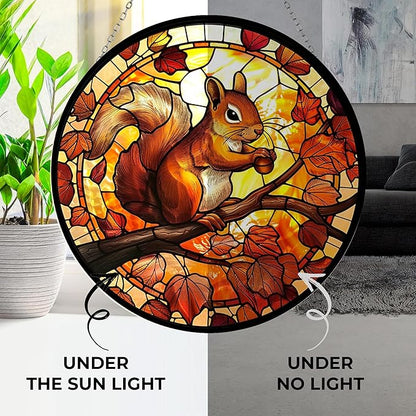 Squirrel Stained Glass Window Hanging 12” Round Handicraft Blue Flower Glass Window Panel Farmhouse Style Window Suncatcher Perfect Window Hangings Housewarming Gift (with Chain Hook)