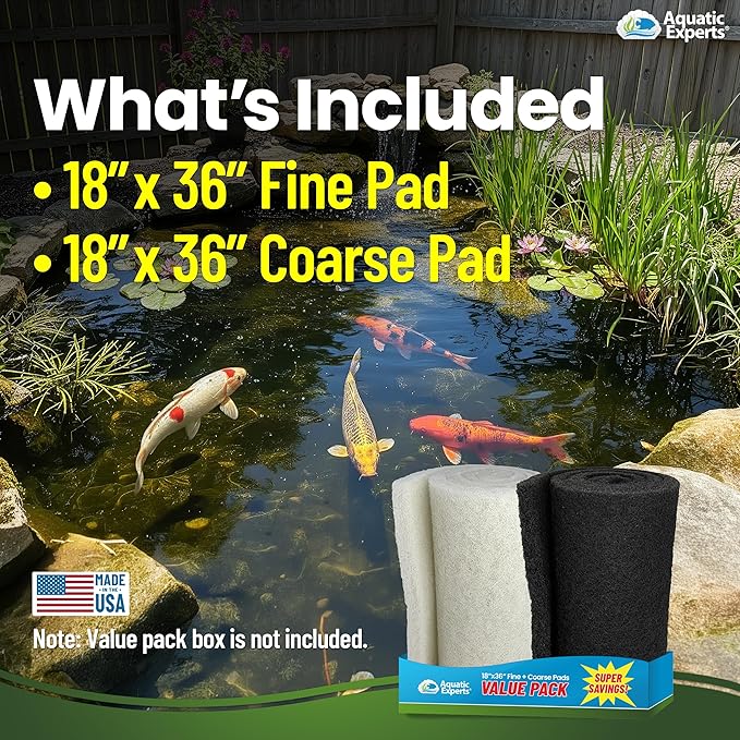 Aquatic Experts Classic Koi Pond Filter Pad Bundle – Fine & Coarse Bulk Roll Pond Filter Media, Ultra Durable Reusable Fish Pond Filter Material (Fine: 18" x 36", Coarse: 18" x 36")