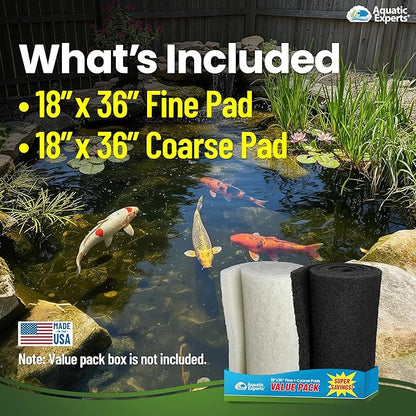Aquatic Experts Classic Koi Pond Filter Pad Bundle – Fine & Coarse Bulk Roll Pond Filter Media, Ultra Durable Reusable Fish Pond Filter Material (Fine: 18" x 36", Coarse: 18" x 36")