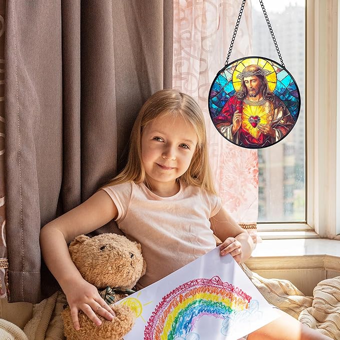 Easter Sacred Heart of Jesus Christian Gigts Suncatcher Stained Glass Window Hanging, Religious Sun Catchers Indoor Window Glass Wall Art Decor, Christian Wall Hanging Decor, 7.9x7.9 Inch