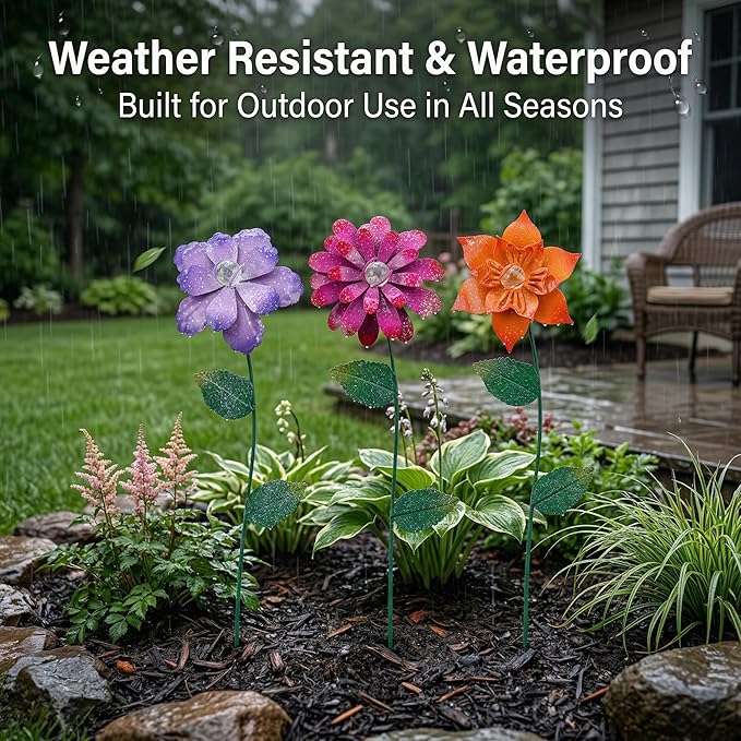 Floral Garden Stake Glow in Dark Plant Pick Water Proof Metal Flower Stick for Outdoor Garden Decor, Set of 3