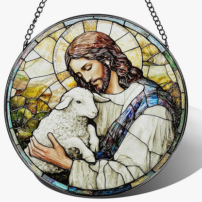 8 Inches Jesus Holding Lamb Painted Stained Glass Suncatcher, Christian Ornament, Window Hanging Decor, Christmas Decor, Christian Gift, Religious Gift, Gifts for Christmas