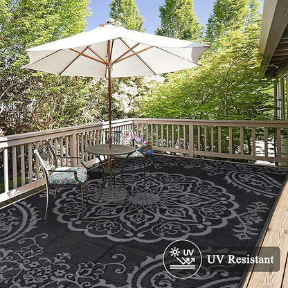Pauwer Waterproof Outdoor Rug 8x10, Reversible Plastic Straw Patio Camping Rug, Indoor Outdoor RV Mat Carpet for Deck, Camper, Porch, Balcony, Backyard, Picnic, Boho Black Grey
