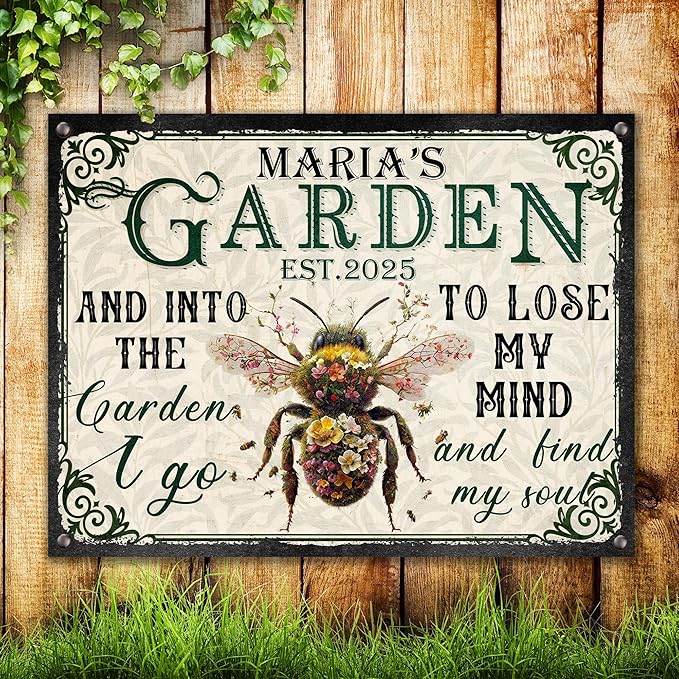Custom Garden Signs Personalized Metal Tin Sign for Women, Retro Funny Bee Metal Sign for Outdoor, Patio, Yard Rustic Home Decor Gift for Mothers Day, Grandmas, and Gardening Lovers