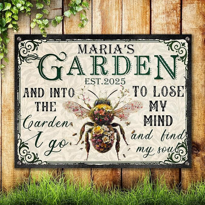 Custom Garden Signs Personalized Metal Tin Sign for Women, Retro Funny Bee Metal Sign for Outdoor, Patio, Yard Rustic Home Decor Gift for Mothers Day, Grandmas, and Gardening Lovers