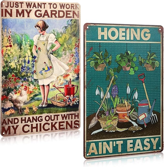 MorningRo 2 Pcs Funny Metal Tin Garden Sign 12'' x 8'' Gifts for Plant Lovers Women Grandma Mom Garden Decor Metal Tin Sign for Farmhouse Greenhouse Patio Yard Wall Decor Indoor Outdoor(Female, Home)