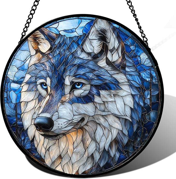 DASTOLL Stained Glass Window Hanging - Funny Wolf Suncatcher Ready to Hang Window Doors Home Decoration and Christmas, Mother's Day Birthday Gifts for Women, Men, and Mom 14.9x14.9 in