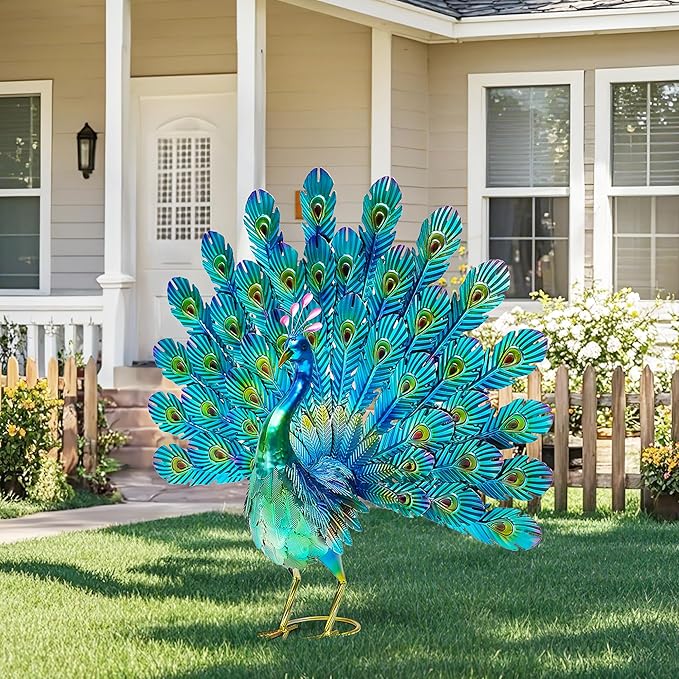 27.5" Metal Peacock Garden Statue with Tail Spread, Handmade 3D Textured Peacock Garden Sculptures Metal Yard Art for Patio, Garden or Entryway