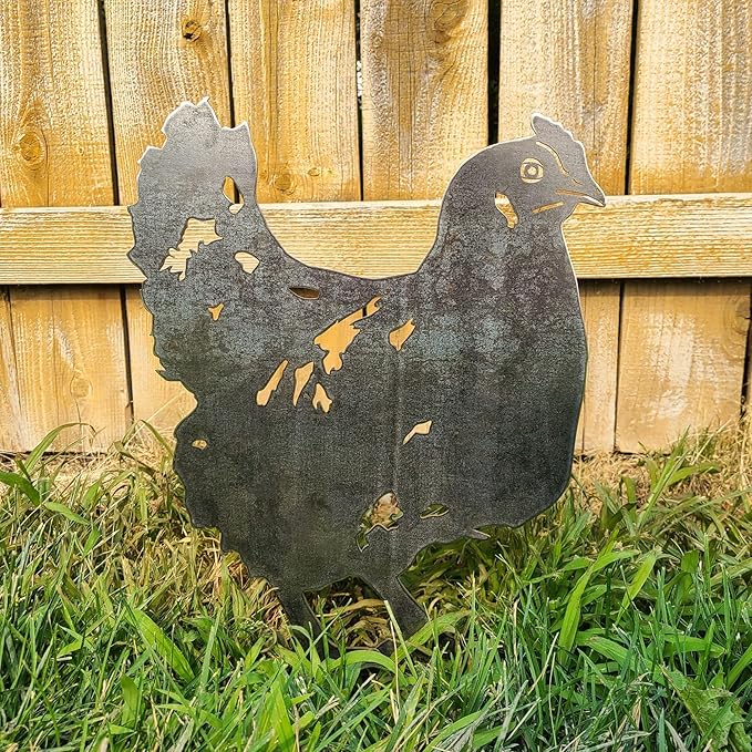 Corten Steel Chicken Silhouette Rusting Yard Stake