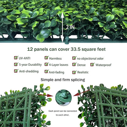 ODTORY Artificial Grass Wall Backdrop Panels,20X20 in 12P UV-Anti Greenery Boxwood Panels for Indoor Outdoor Green Wall Decor & Ivy Fence Covering Privacy