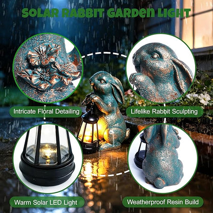 Solar Garden Statues, Resin Bunny Statue w/Flower, Waterproof Figurine Rabbit Solar Latern for Outside Yard Outdoor Home Patio Lawn, Animal Lights for Adults Women Birthday Easter Gifts