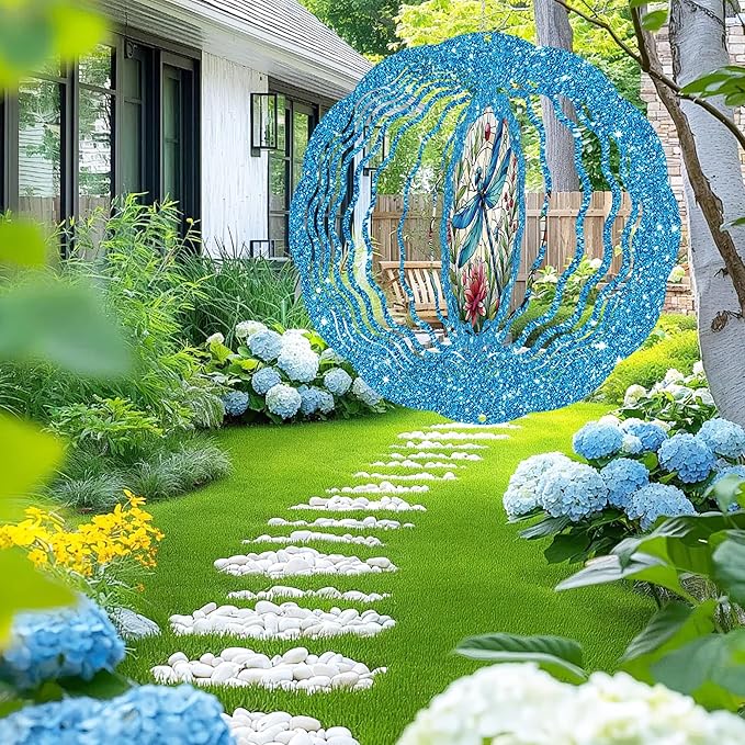 Dragonfly Wind Spinner Outdoor, Hanging Metal Wind Catcher, Garden Decor Gift for Women Men, 12" 3D Stainless Steel Kinetic Art for Yard, with Center Pendant