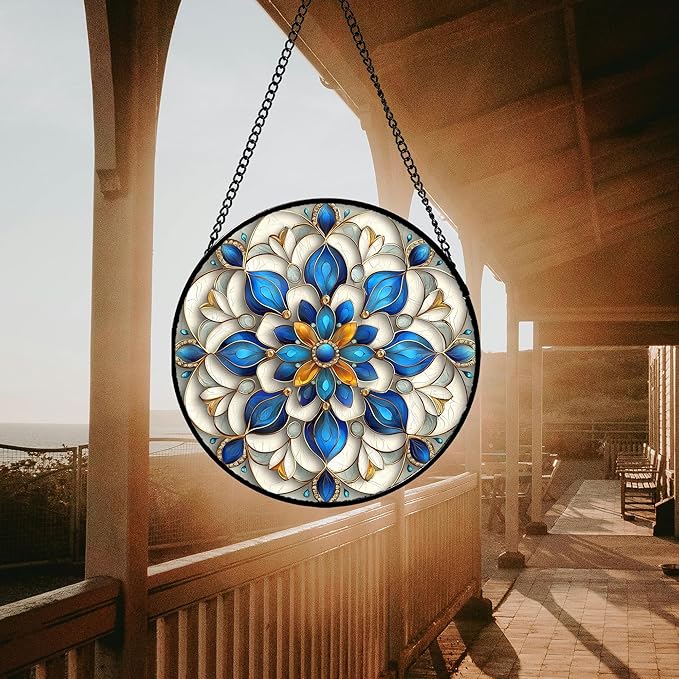 Stained Glass Window Hanging - Blue and White Abstract Flowers Suncatcher for Door Terrace Garden Home Decor, Gold Sun Catcher Birthday Gifts for Lovers Women Men Dad Mom Nana 15 in