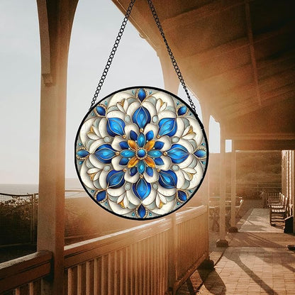 Stained Glass Window Hanging - Blue and White Abstract Flowers Suncatcher for Door Terrace Garden Home Decor, Gold Sun Catcher Birthday Gifts for Lovers Women Men Dad Mom Nana 15 in