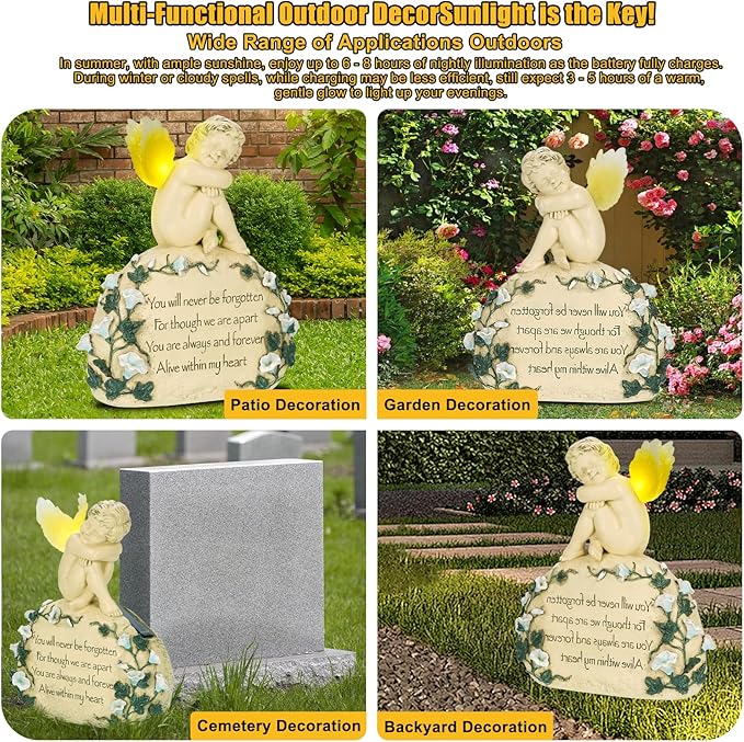 Inyasnowdis Solar Garden Angel Memorial Statue - Bereavement Gifts for Loved Ones & Pets, Hand-Painted Garden Sculpture with Engraved Stone Cemetery Grave Decorations
