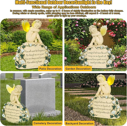 Inyasnowdis Solar Garden Angel Memorial Statue - Bereavement Gifts for Loved Ones & Pets, Hand-Painted Garden Sculpture with Engraved Stone Cemetery Grave Decorations