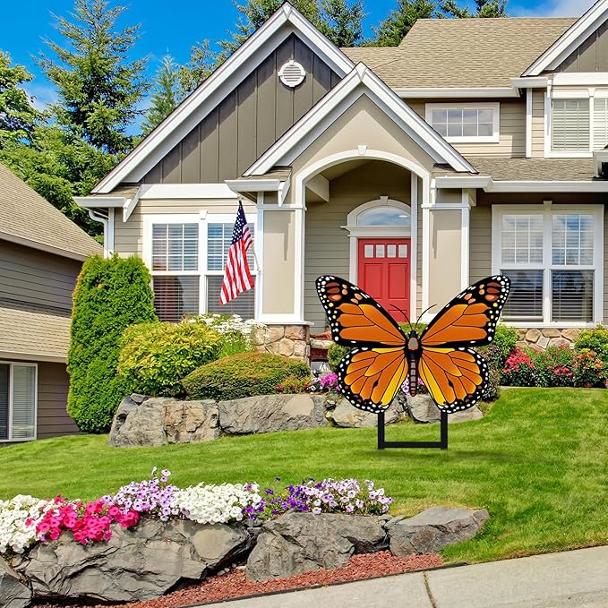 1 Pcs Spring Metal Butterfly Garden Stakes Decor 16.5 Inch Decorative Orange Butterfly Yard Stake Outdoor Insect Decor Metal Garden Art Ornaments for Patio Porch Lawn Backyard