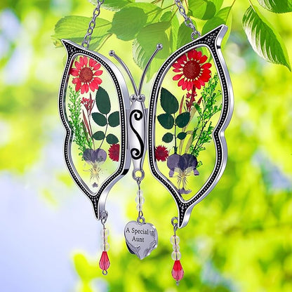 KY&BOSAM Gifts for Aunt Suncatchers for Windows Butterfly Stained Glass A Special Aunt Wind Chime with Pressed Flowers & Heart Charm Gifts for Aunt Mother's Day Wedding Home Decor