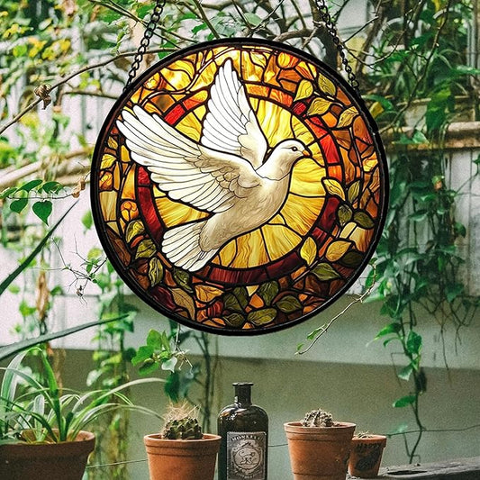 DASTOLL Stained Glass Window Hanging, Flying White Dove Sun Catchers Diamond Glass Panel Hangings Cute Birds Suncatcher Decor for Birthday for Women, Men, Wife, Aunt, and Mom 14.9 in