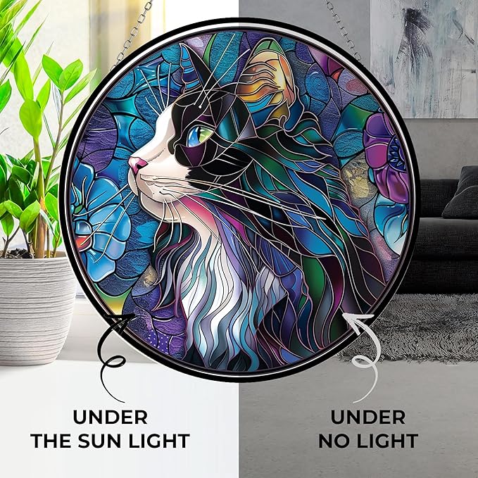 Tuxedo Cat Stained Glass Sun Catcher Mountain Stained Glass Window Hanging, Suncatchers Lavender Wall Decor, for Women/Friends/Lover