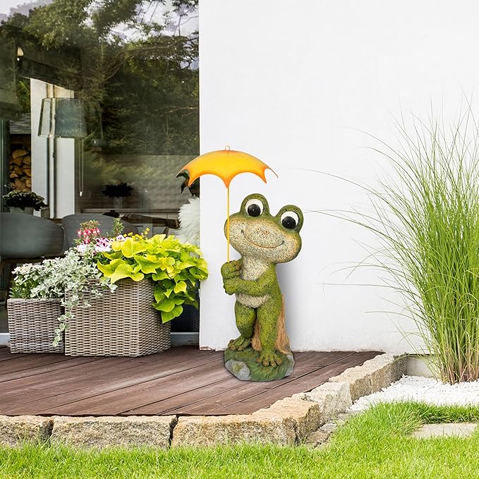 Alpine Corporation QWR1004 Indoor/Outdoor Smiling Frog with Yellow Umbrella Garden Statue, Playful Frog Statue, 23" H, Green