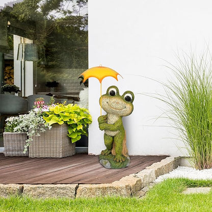 Alpine Corporation QWR1004 Indoor/Outdoor Smiling Frog with Yellow Umbrella Garden Statue, Playful Frog Statue, 23" H, Green