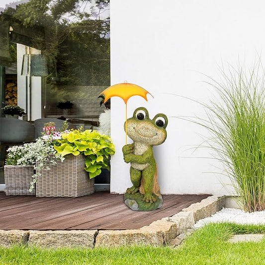 Alpine Corporation QWR1004 Indoor/Outdoor Smiling Frog with Yellow Umbrella Garden Statue, Playful Frog Statue, 23" H, Green