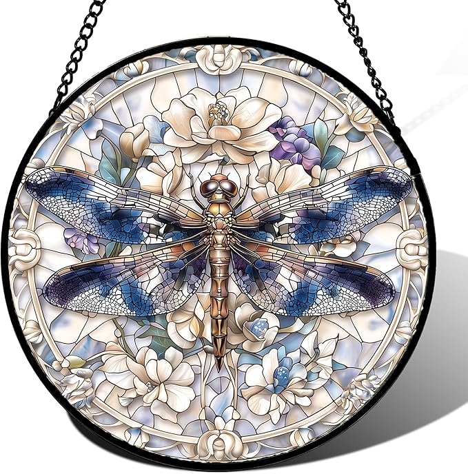 DASTOLL Stained Glass Window Hanging, Dragonfly Flower Suncatcher for Doors Home Sun Catchers Decoration and Christmas, Mother's Day Birthday Gifts for Women, Men, and Mom 14.9x14.9 in