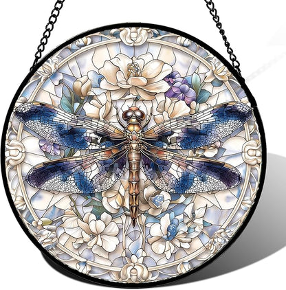 DASTOLL Stained Glass Window Hanging, Dragonfly Flower Suncatcher for Doors Home Sun Catchers Decoration and Christmas, Mother's Day Birthday Gifts for Women, Men, and Mom 14.9x14.9 in