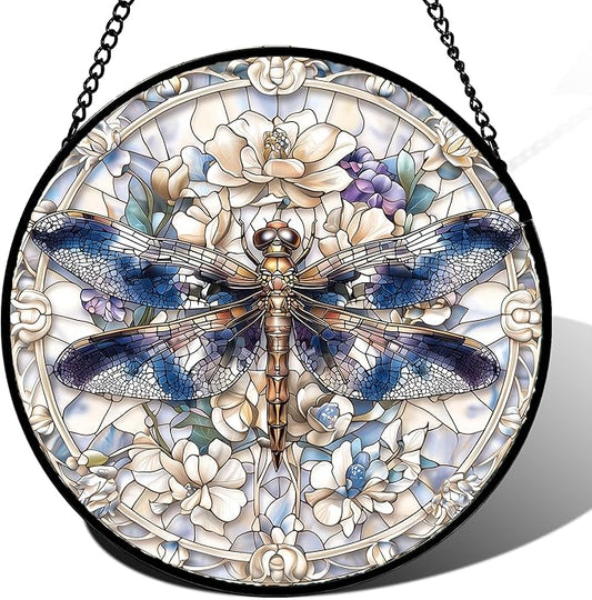 DASTOLL Stained Glass Window Hanging, Dragonfly Flower Suncatcher for Doors Home Sun Catchers Decoration and Christmas, Mother's Day Birthday Gifts for Women, Men, and Mom 14.9x14.9 in