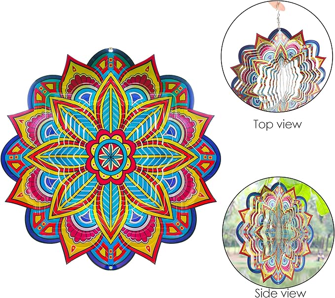 Mandala Wind Spinners, 12inch Metal Wind Spinners Outdoor for Yard and Garden, Stainless Steel Hanging Wind Spinner, Kinetic Yard Art Garden Decor Ornament Gifts