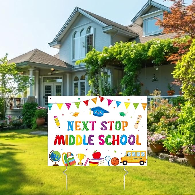 5th Grade Grad Yard Sign - Class of 2026 Elementary Graduate Lawn Sign with Stake Next Stop Middle School Congrats Graduation Waterproof Party Decorations Favors for Outdoor Garden Photo Booth Props