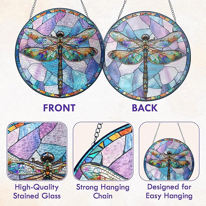 FLAGWIX Dragonfly Gifts for Women Men - Stained Glass Window Hanging 8 in - Dragonfly Garden Decor for Yard Decorations Outdoor, Dragon Fly Sun Catchers Indoor Window for Home Garden Decor