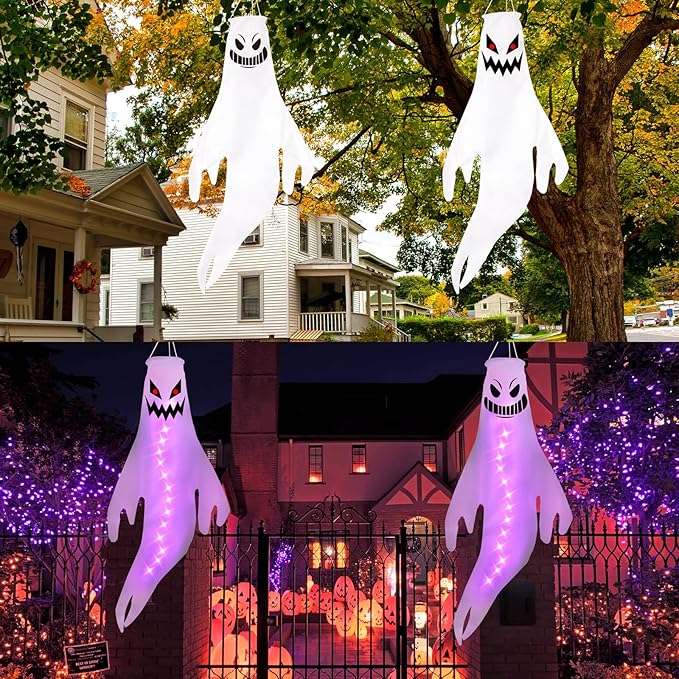 Geefuun 2PCS Purple Halloween Fierce Ghost Windsocks Hanging Decorations -43 Inch Flag Wind Socks for Home Yard Outdoor Decor Party Supplies (Batteries Not Included,No Timer)