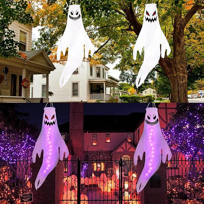 Geefuun 2PCS Purple Halloween Fierce Ghost Windsocks Hanging Decorations -43 Inch Flag Wind Socks for Home Yard Outdoor Decor Party Supplies (Batteries Not Included,No Timer)